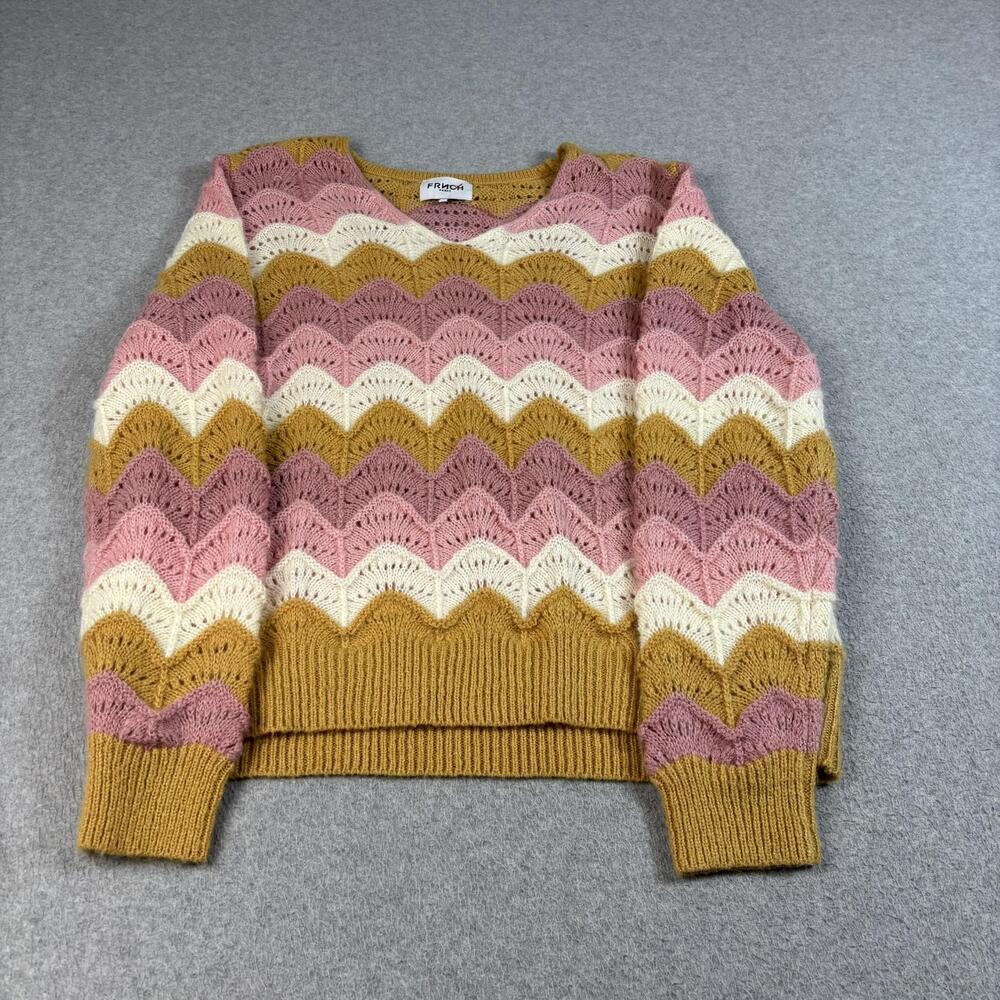 FRNCH Anthro Sweater Women Large Orange Chevron Open Crochet Boho Cottage Twee
